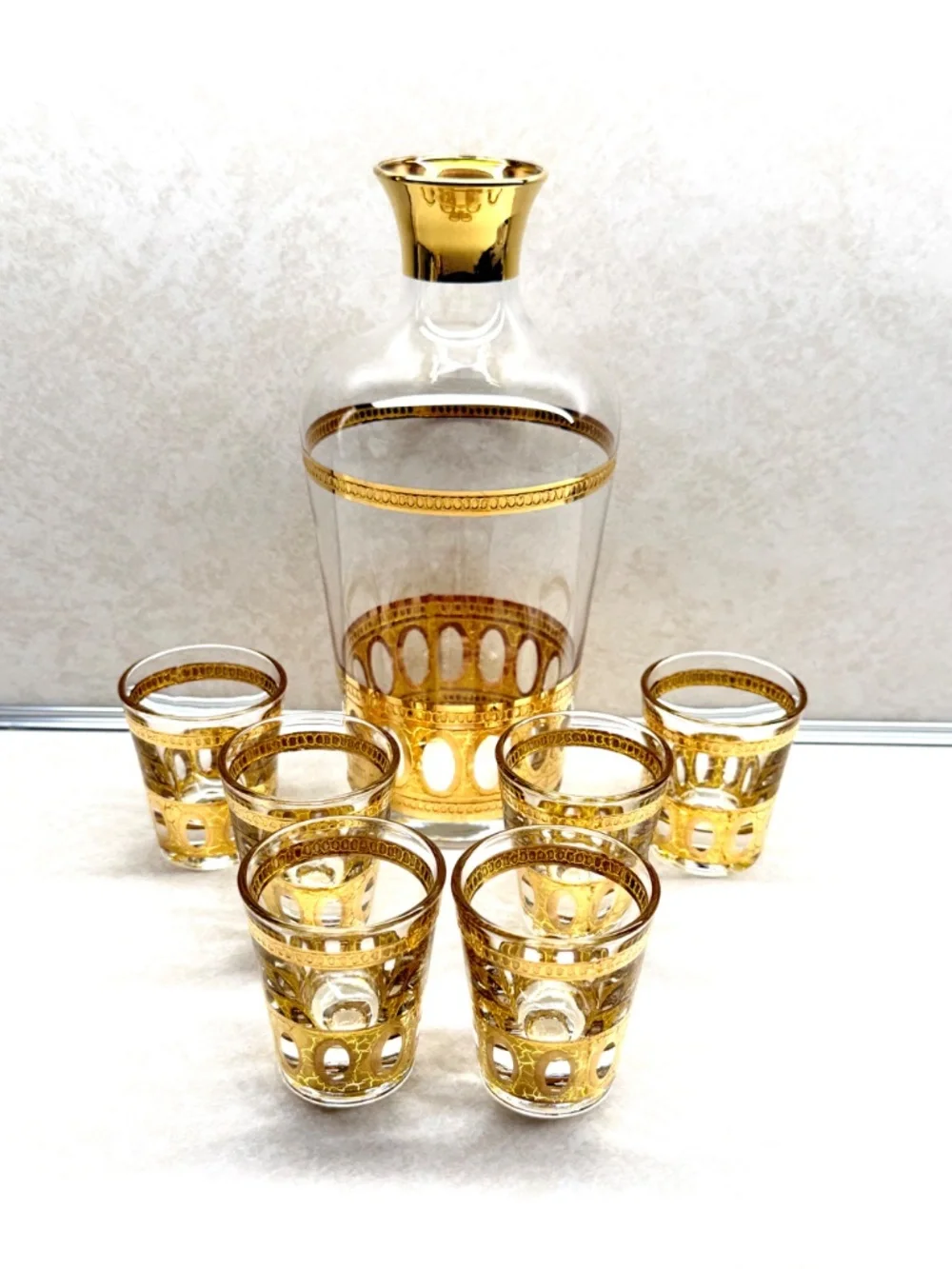 Culver Inc Antigua Carafe and Glasses Set (7) 22K Gold Mid Century